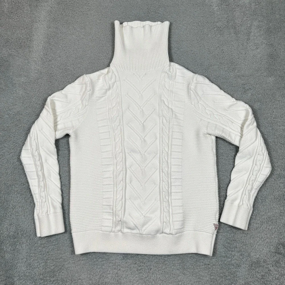Guess White Cable Knit Turtleneck Sweater Chunky Knit Womens L Cozy Long Sleeve‎